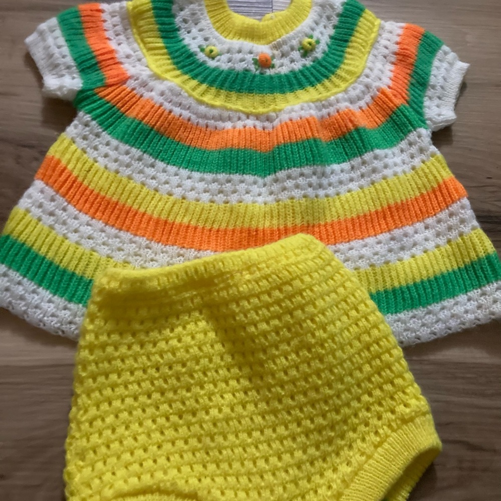 Soft Spun Vintage Crochet Set Baby Girl Top Diaper Cover 12-18 M